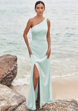 Sheath/Column One-Shoulder Sleeveless Floor-Length Stretch Satin Bridesmaid Dresses with Pleated Split Liana STKP0025251