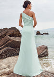 Sheath/Column One-Shoulder Sleeveless Floor-Length Stretch Satin Bridesmaid Dresses with Pleated Split Liana STKP0025251