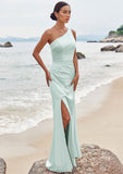 Sheath/Column One-Shoulder Sleeveless Floor-Length Stretch Satin Bridesmaid Dresses with Pleated Split Liana STKP0025251