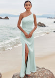 Sheath/Column One-Shoulder Sleeveless Floor-Length Stretch Satin Bridesmaid Dresses with Pleated Split Liana STKP0025251