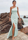 Sheath/Column One-Shoulder Sleeveless Floor-Length Stretch Satin Bridesmaid Dresses with Pleated Split Liana STKP0025251