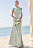 A-line High-Neck Sleeveless Floor-Length Stretch Satin Bridesmaid Dresses Emmy STKP0025252