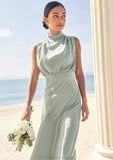 A-line High-Neck Sleeveless Floor-Length Stretch Satin Bridesmaid Dresses Emmy STKP0025252