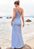 Trumpet/Mermaid One-Shoulder Sleeveless Floor-Length Stretch Satin Bridesmaid Dresses with Pleated Split Ximena STKP0025254