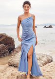 Trumpet/Mermaid One-Shoulder Sleeveless Floor-Length Stretch Satin Bridesmaid Dresses with Pleated Split Ximena STKP0025254