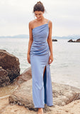 Trumpet/Mermaid One-Shoulder Sleeveless Floor-Length Stretch Satin Bridesmaid Dresses with Pleated Split Ximena STKP0025254