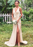 Trumpet/Mermaid V Neck Sleeveless Floor-Length Stretch Satin Bridesmaid Dresses with Pleated Split Leslie STKP0025255