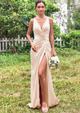 Trumpet/Mermaid V Neck Sleeveless Floor-Length Stretch Satin Bridesmaid Dresses with Pleated Split Leslie STKP0025255