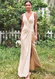 Trumpet/Mermaid V Neck Sleeveless Floor-Length Stretch Satin Bridesmaid Dresses with Pleated Split Leslie STKP0025255