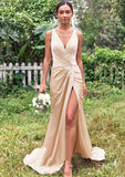 Trumpet/Mermaid V Neck Sleeveless Floor-Length Stretch Satin Bridesmaid Dresses with Pleated Split Leslie STKP0025255