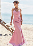 Trumpet/Mermaid V Neck Sleeveless Floor-Length Stretch Satin Bridesmaid Dresses with Pleated Hana STKP0025256