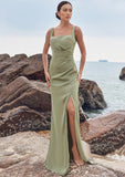 Sheath/Column Square Neckline Sleeveless Floor-Length Stretch Satin Bridesmaid Dresses with Pleated Split Kayla STKP0025258