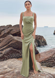 Sheath/Column Square Neckline Sleeveless Floor-Length Stretch Satin Bridesmaid Dresses with Pleated Split Kayla STKP0025258