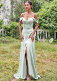 A-line V Neck Sleeveless Floor-Length Stretch Satin Bridesmaid Dresses with Split Bella STKP0025263