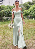 A-line V Neck Sleeveless Floor-Length Stretch Satin Bridesmaid Dresses with Split Bella STKP0025263