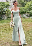 A-line V Neck Sleeveless Floor-Length Stretch Satin Bridesmaid Dresses with Split Bella STKP0025263