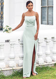 Sheath/Column Square Neckline Sleeveless Floor-Length Stretch Satin Bridesmaid Dresses with Pleated Split Amiya STKP0025264