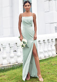 Sheath/Column Square Neckline Sleeveless Floor-Length Stretch Satin Bridesmaid Dresses with Pleated Split Amiya STKP0025264