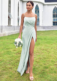 Sheath/Column Square Neckline Sleeveless Floor-Length Stretch Satin Bridesmaid Dresses with Pleated Split Amiya STKP0025264