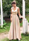 A-line V Neck Sleeveless Floor-Length Stretch Satin Bridesmaid Dresses with Pleated Mareli STKP0025266