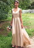 A-line V Neck Sleeveless Floor-Length Stretch Satin Bridesmaid Dresses with Pleated Mareli STKP0025266