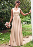 A-line V Neck Sleeveless Floor-Length Stretch Satin Bridesmaid Dresses with Pleated Mareli STKP0025266