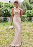 Sheath/Column V Neck Sleeveless Floor-Length Stretch Satin Bridesmaid Dresses with Pleated Dakota STKP0025267