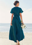 A-line V Neck Short Sleeve Asymmetrical Stretch Satin Bridesmaid Dresses with Bowknot Sashes Kaila STKP0025272