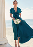 A-line V Neck Short Sleeve Asymmetrical Stretch Satin Bridesmaid Dresses with Bowknot Sashes Kaila STKP0025272