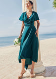 A-line V Neck Short Sleeve Asymmetrical Stretch Satin Bridesmaid Dresses with Bowknot Sashes Kaila STKP0025272