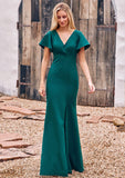 Trumpet/Mermaid V Neck Short Sleeve Stretch Crepe Floor-Length Bridesmaid Dresses with Split Marlene STKP0025273