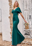 Trumpet/Mermaid V Neck Short Sleeve Stretch Crepe Floor-Length Bridesmaid Dresses with Split Marlene STKP0025273