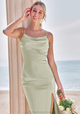 Sheath/Column Cowl Neck Sleeveless Ankle-Length Stretch Satin Bridesmaid Dresses with Split Sanai STKP0025275