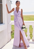 A-line V Neck Sleeveless Floor-Length Stretch Satin Bridesmaid Dresses with Pleated Split Mercedes STKP0025276