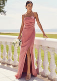 Sheath/Column Square Neckline Sleeveless Floor-Length Stretch Satin Bridesmaid Dresses with Pleated Split Saige STKP0025277