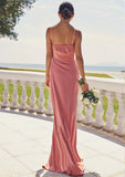 Sheath/Column Square Neckline Sleeveless Floor-Length Stretch Satin Bridesmaid Dresses with Pleated Split Saige STKP0025277