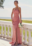 Sheath/Column Square Neckline Sleeveless Floor-Length Stretch Satin Bridesmaid Dresses with Pleated Split Saige STKP0025277