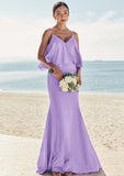 Sheath/Column V Neck Sleeveless Floor-Length Stretch Satin Bridesmaid Dresses with Ruffles Aubrie STKP0025278