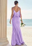 Sheath/Column V Neck Sleeveless Floor-Length Stretch Satin Bridesmaid Dresses with Ruffles Aubrie STKP0025278