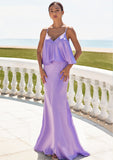 Sheath/Column V Neck Sleeveless Floor-Length Stretch Satin Bridesmaid Dresses with Ruffles Aubrie STKP0025278