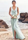 Sheath/Column V Neck Sleeveless Floor-Length Stretch Satin Bridesmaid Dresses with Pleated Split Dayana STKP0025279