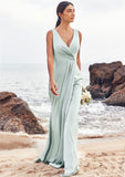 Sheath/Column V Neck Sleeveless Floor-Length Stretch Satin Bridesmaid Dresses with Pleated Split Dayana STKP0025279