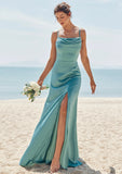 Sheath/Column Square Neckline Sleeveless Floor-Length Stretch Satin Bridesmaid Dresses with Pleated Split Justine STKP0025282