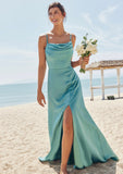 Sheath/Column Square Neckline Sleeveless Floor-Length Stretch Satin Bridesmaid Dresses with Pleated Split Justine STKP0025282