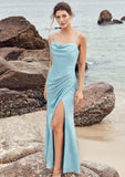 Trumpet/Mermaid Cowl Neck Sleeveless Floor-Length Stretch Satin Bridesmaid Dresses with Pleated Split LuLu STKP0025283