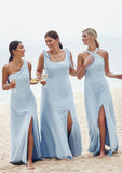 A-line One-Shoulder Sleeveless Floor-Length Stretch Crepe Bridesmaid Dresses with Pleated Split Annika STKP0025284