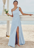 A-line One-Shoulder Sleeveless Floor-Length Stretch Crepe Bridesmaid Dresses with Pleated Split Annika STKP0025284