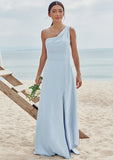 A-line One-Shoulder Sleeveless Floor-Length Stretch Crepe Bridesmaid Dresses with Pleated Split Annika STKP0025284