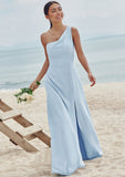 A-line One-Shoulder Sleeveless Floor-Length Stretch Crepe Bridesmaid Dresses with Pleated Split Annika STKP0025284