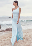 A-line One-Shoulder Sleeveless Floor-Length Stretch Satin Bridesmaid Dresses with Split Helena STKP0025285